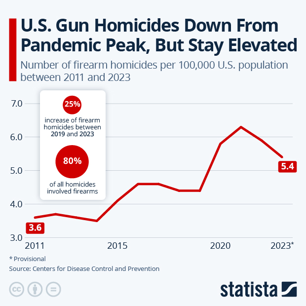 U.S. Gun Homicides Down From Pandemic Peak, But Stay Elevated - Infographic